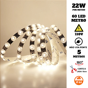 Fita LED Lente 180° 60 LED’s 110V 5 Metros IP44 22W 4000K Liga Direto