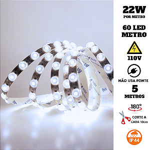 Fita LED Lente 180° 60 LED’s 110V 5 Metros IP44 22W 6500K Liga Direto