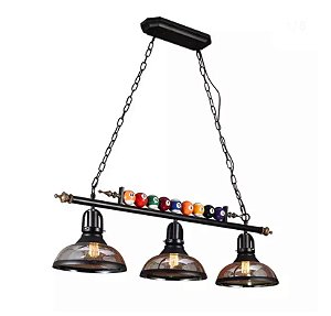 Lustre Pendente Industrial Retrô Preto E27 Triplo Bola de Sinuca Bivolt