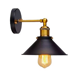 Arandela Parede Teto Retrô Chapéu E27 22cm Articulado Preto Dourado Bivolt