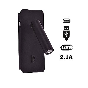 Arandela LED 3W Arcavi USB Leitura Make Interruptor Preto Bivolt