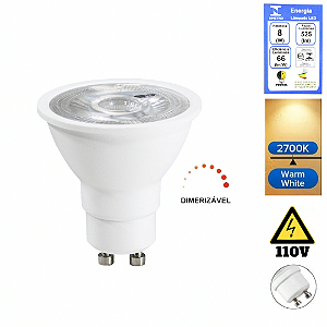 Lâmpada LED 8W MR16 Dimerizavel GU10 2700K Branco Quente 127V