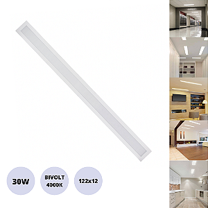 Painel 30W LED 122x12 Embutir Slim Retangular Branco Neutro 4000K Bivolt