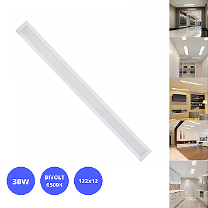 Painel 30W LED 122x12 Embutir Slim Retangular Branco Frio 6500K Bivolt