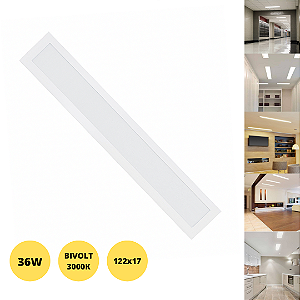 Painel 36W LED 122x17 Embutir Slim Retangular Branco Quente 3000K Bivolt