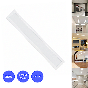 Painel 36W LED 122x17 Embutir Slim Retangular Branco Frio 6500K Bivolt