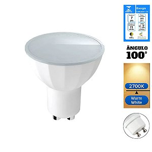 Lâmpada LED 7W MR16 100º Facho de Luz GU10 2700K Branco Quente Bivolt