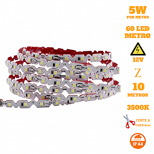 Fita LED 5W Curva S Zig Zag 3528 10 Metros 12V IP44 Branco Quente 3500K