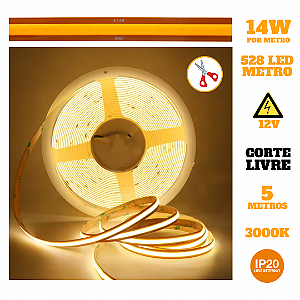 Fita LED COB Corte Livre 14W 528 LED’s 12V IP20 5 Metros Quente 3000K