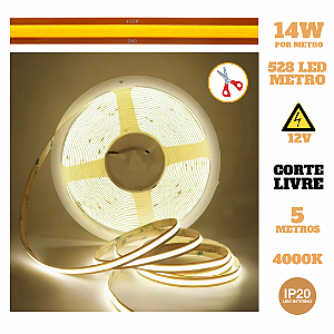 Fita LED COB Corte Livre 14W 528 LED’s 12V IP20 5 Metros Neutro 4000K