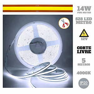 Fita LED COB Corte Livre 14W 528 LED’s 12V IP20 5 Metros Frio 6500K
