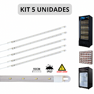 KIT 5 Barra LED 10W 50cm Geladeira Expositora Freezer 220V IP67 6500K