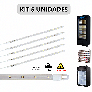 KIT 5 Barra LED 20W 100cm Geladeira Expositora Freezer 220V IP67 6500K