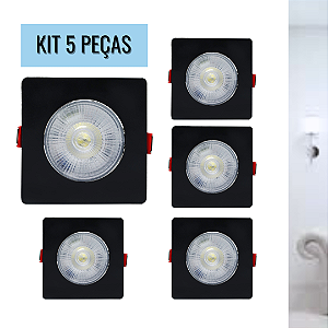 KIT 5 Spot 7W LED COB SMD Preto Quadrado Branco Frio 6500K Bivolt