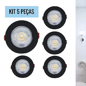 KIT 5 Spot 7W LED COB SMD Preto Redondo Branco Frio 6500K Bivolt