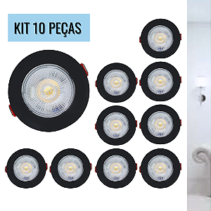 KIT 10 Spot 7W LED COB SMD Preto Redondo Branco Frio 6500K Bivolt