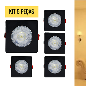KIT 5 Spot 7W LED COB SMD Preto Quadrado Branco Quente 3000K Bivolt