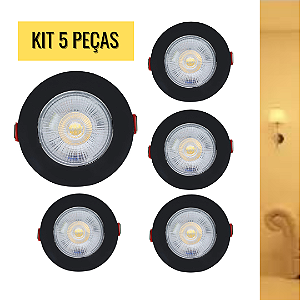 KIT 5 Spot 7W LED COB SMD Preto Redondo Branco Quente 3000K Bivolt