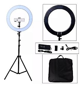 Ring Light 18 polegadas 48cm LED 80W Suporte Celular Iluminador Profissional 3 Cores Tripe 2 metros com Controle Remoto e Carregador USB Celular