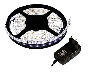 Kit Fita LED 3528 Branco Frio 6500K com Silicone Rolo 5 metros 12V + Fonte 2.5AP