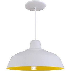 Pendente Retrô 34cm Luminária Lustre Alumínio E27 Branco Textura com Amarelo