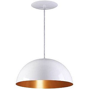 Pendente Meia Lua 40cm Luminária Alumínio E27 Branco Textura com Cobre