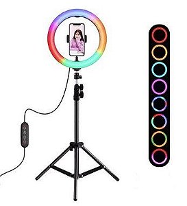 Ring Light 10 polegadas RGB 26cm Colorido LED 30W Suporte Celular Iluminador USB  Tripe 2 mts