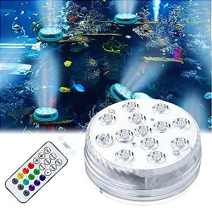 Luminária Piscina LED Aquário Pilha RGB Colorida SubAquática Controle Remoto Ventosa Spot IP68