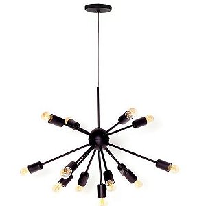 Lustre Pendente Sputnik 12 Lampadas Industrial E27 Preto Bivolt TY0712