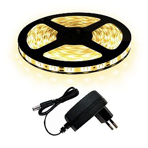 KIT Fita LED 5050 Branco Quente 3500K sem Silicone Rolo 5 metros 12V + Fonte 2.5AP