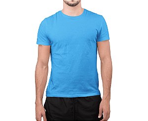 Camiseta Masculina Básica Gola Careca-Malha 100% Poliéster Fiado-Cor Azul Celeste