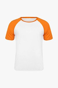 Camiseta Masculina Raglan Gola Careca-Malha 100% Poliéster Fiado-Cor Branco Com Mangas Laranja