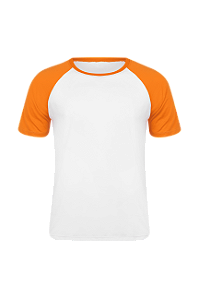 Camiseta Masculina Raglan Gola Careca-Malha 100% Poliéster Fiado-Cor Branco Com Mangas Laranja