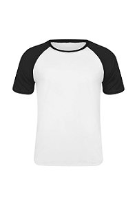 Camiseta Masculina Raglan Gola Careca-Malha 100% Poliéster Fiado-Cor Branco Com Mangas Preta