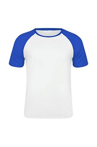 Camiseta Masculina Raglan Gola Careca-Malha 100% Poliéster Fiado-Cor Branco Com Mangas Azul Royal