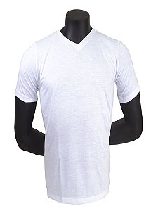 Camiseta Masculina Básica Gola V-Malha 100% Poliéster Fiado-Cor Branco
