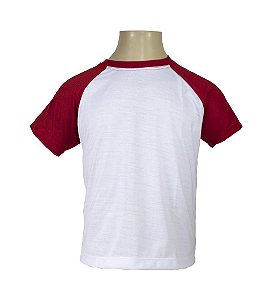 Camiseta Raglan Infantil/Juvenil-Branco com mangas Vermelha-Malha 100% Poliéster Fiado
