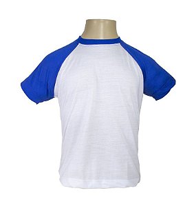 Camiseta Raglan Infantil/Juvenil-Branco com mangas Azul Royal-Malha 100% Poliéster Fiado