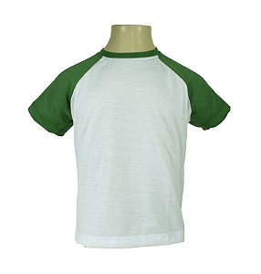 Camiseta Raglan Infantil/Juvenil-Branco com mangas Verde Bandeira-Malha 100% Poliéster Fiado