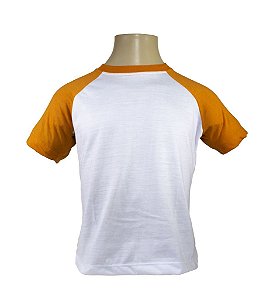 Camiseta Raglan Infantil/Juvenil-Branco com mangas Laranja-Malha 100% Poliéster Fiado