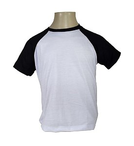 Camiseta Raglan Infantil/Juvenil-Branco com mangas Pretas-Malha 100% Poliéster Fiado