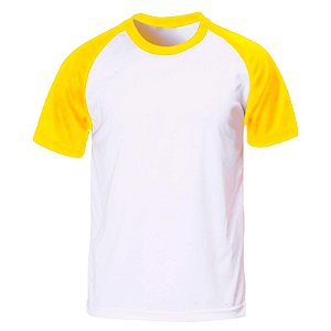 Camiseta Raglan Branca - Manga e Gola Amarela P ao GG (100% Poliéster)