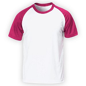 Camiseta Raglan Branca - Manga e Gola Pink P ao GG (100% Poliéster)
