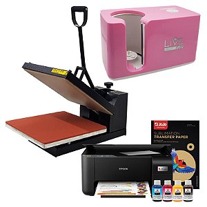 KIt prensa de caneca lIve easy rosa + impressora Epson L3250 + prensa plana deko 38x38