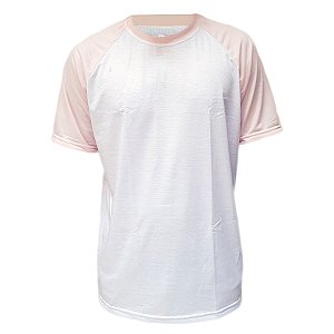 Camiseta Raglan Branca - Manga e Gola Rosa Bebê P ao GG (100% Poliéster)