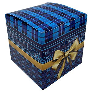 Caixinha com Laço Dourado e Estampa Xadrez Azul