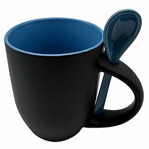 Caneca Mágica Preto Fosco C/ Colher Interior e Colher Azul Claro
