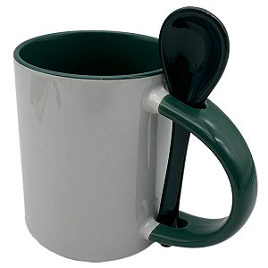 Caneca Importada com Colher Reta Alça e Interior Verde Escuro