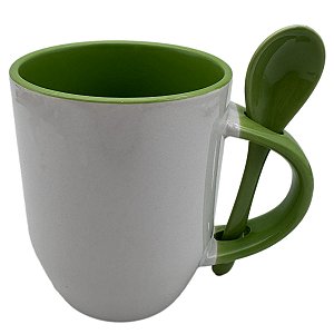 Caneca com Colher Alça e Interior Verde Claro - Importada