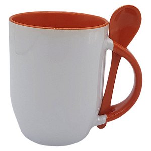 Caneca C/ Colher Alça e Interior Laranja P/ Sublimação